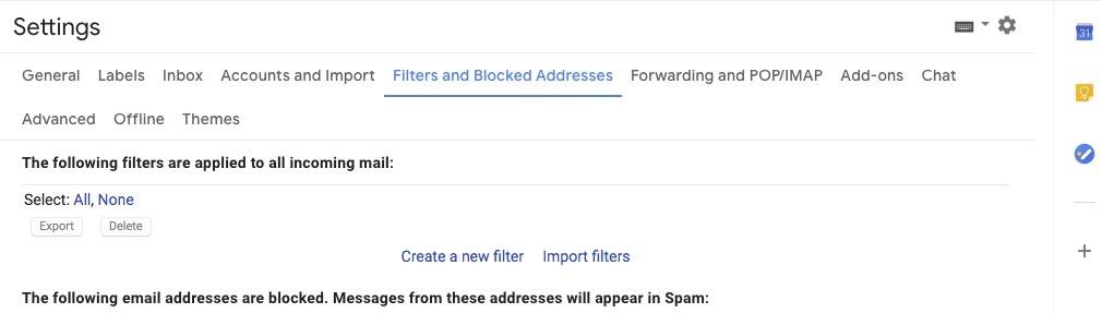 Settings menu filters and blocked addresses highlighted on email